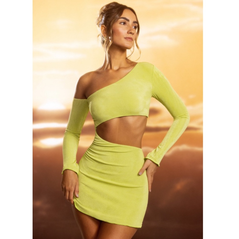 Textured Jersey Asymmetric Cut Out Mini Dress in Lime